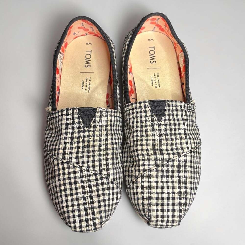 TOMS Alpargata Black and White Gingham Slip-On Flats with Cherry Lining Size 8